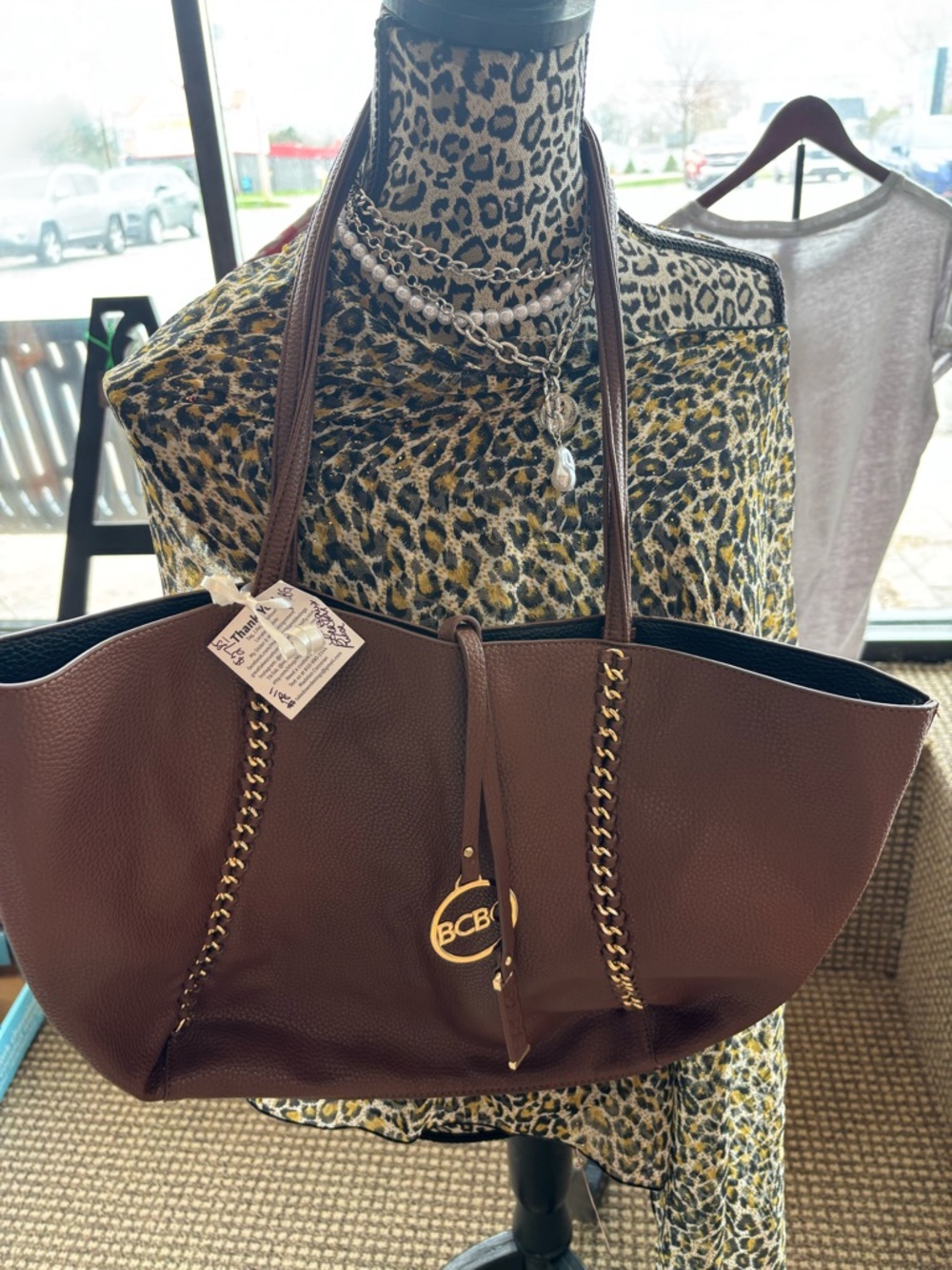 BCBG Chocolate Brown Leather Tote with Gold Chain Trim
